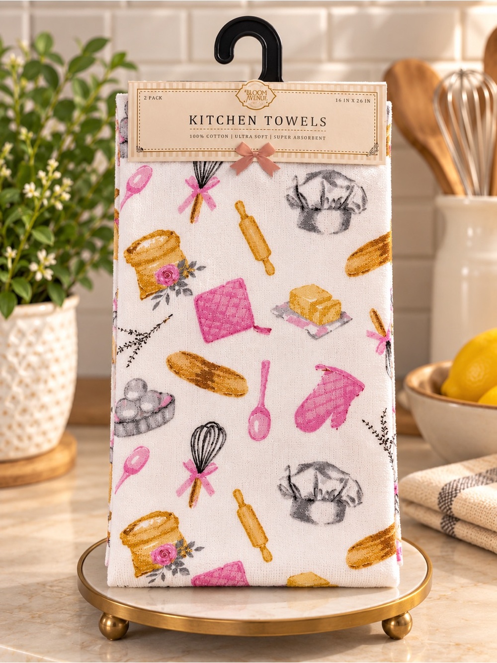 Kitchen Towels Set of 2 - Pink & Gold Baking Print